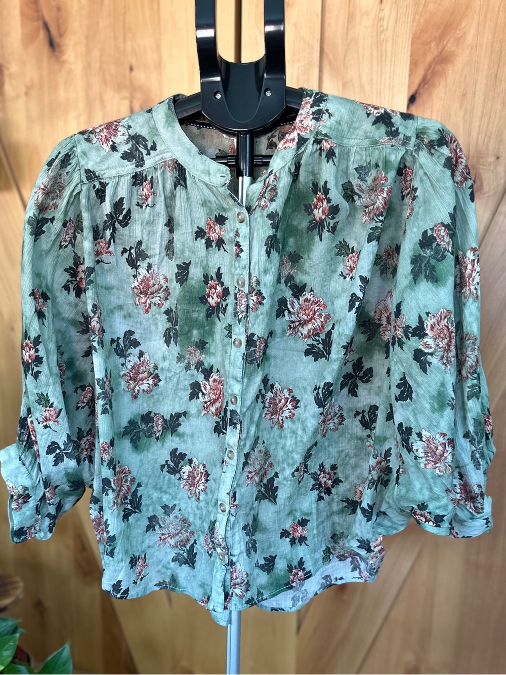Anthropologie Pilcro The Sidney Batwing Blouse Green Floral Cotton Gauze SP